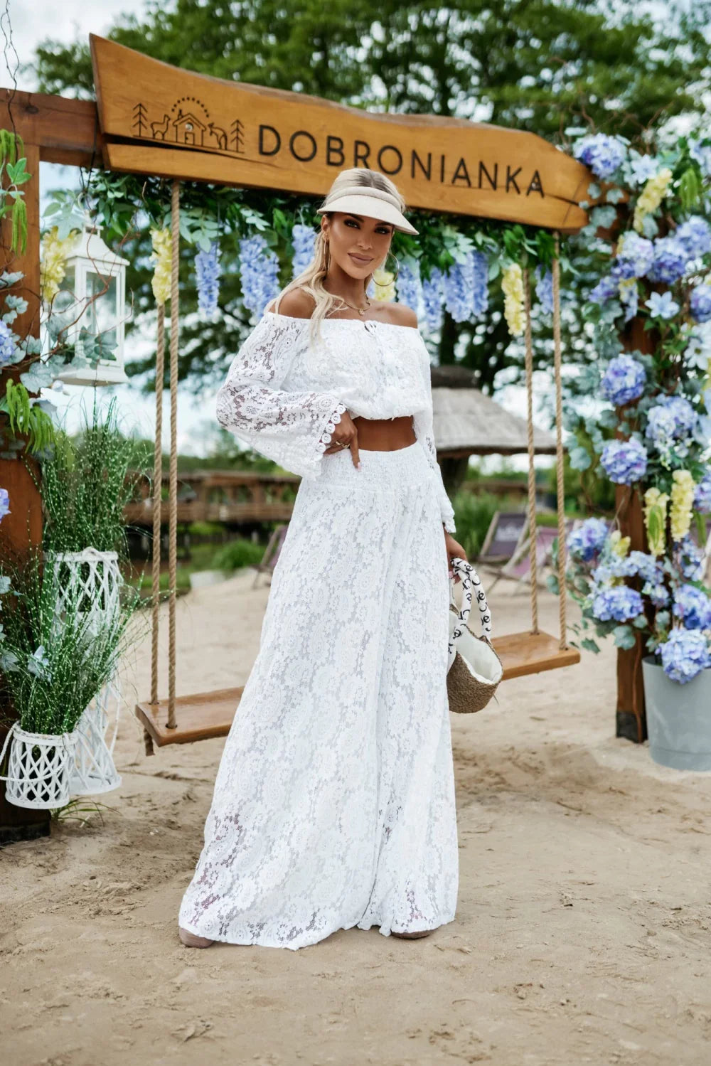 KOMPLET AŻUROWY SAINT TROPEZ BOHO TOP + SPODNIE BIAŁY