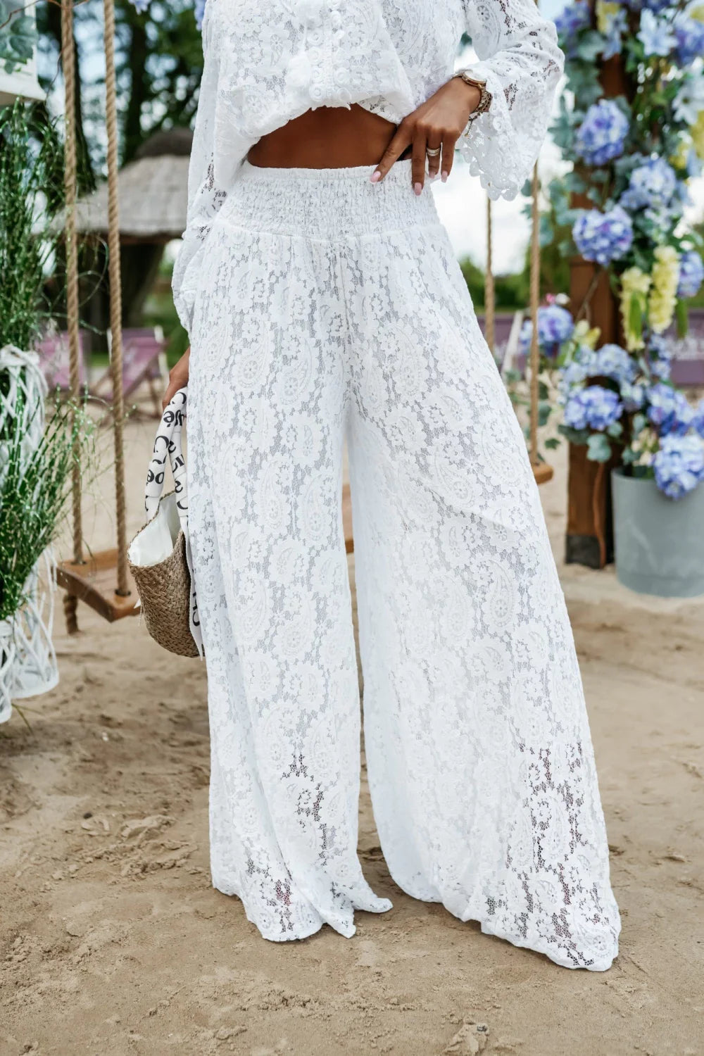 KOMPLET AŻUROWY SAINT TROPEZ BOHO TOP + SPODNIE BIAŁY