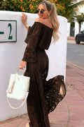 KOMPLET AŻUROWY SAINT TROPEZ BOHO TOP + SPODNIE CZEKOLADOWY